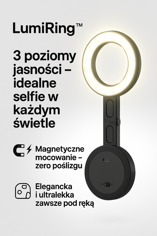LumiRing™ – Mini magnetyczna lampa pierścieniowa do selfie ze światłem LED i 3-stopniową regulacją jasności